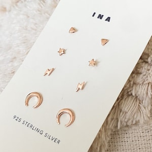 Rose Gold Tiny Stud Set , Rose Gold Earrings, Celestial Earrings Set , Rose Gold Studs , Stud Earrings ,925 Earring Set , Tiny Stud Earrings