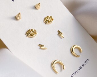 14k Tiny Gold Stud Set , Celestial Earrings Set , Sterling Silver Studs , Stud Earrings , 925 Stud Earring Set , Tiny Gold Stud Earrings