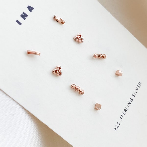 Rose Gold Tiny Stud Set , Rose Gold Earrings, Celestial Earrings Set , Rose Gold Studs , Stud Earrings ,925 Earring Set , Tiny Stud Earrings