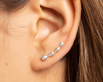 Silver Stone Ear Climber, Sterling Silver Ear Crawler, Silver Dainty Earrings, Ear Climbers, Celestial Earrings, Gifts For Her, 925 Silver