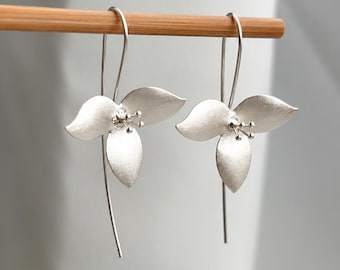 Silver Flower Earrings , Sterling Silver Dangle Earrings , Brushed Silver Earrings Silver Jewellery, Gifts For Her , Minimalist Earrings