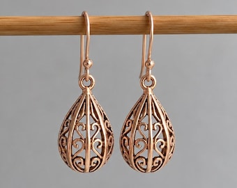 Rose Gold Filigree Earrings, Rose Gold Teardrop Earrings, Vintage Dangle Earrings, Ornate Drop Earrings, Boho Statement Jewellery