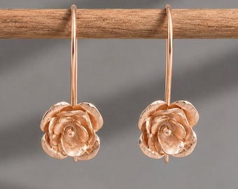 14k Rose Gold Flower Earrings, Rose Gold Floral Dangle Earrings, Rose Gold Flower Drop Earrings, Dainty Floral Jewellery, Gift for Her