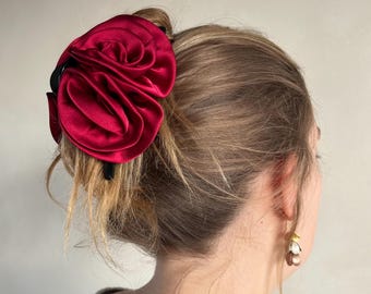 Red Satin Flower Hair Claw Clip | Floral Claw Clip Aesthetic | Romantic Hair Accessory | Bridal Hair Clip | Coquette Hair Claw