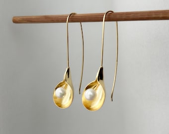 14k Gold Plated Earrings  , Gold Dangle Pearl Earrings , Gold Flower Earrings , Brushed Earrings Gold Jewellery, Gifts For Her , Minimalist