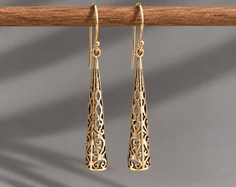14k Gold Filigree Earrings, Long Gold Dangle Earrings, Ornate Gold Drop Earrings, Filigree Statement Jewellery, Vintage Boho Earrings