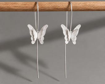 925 Silver Butterfly Earrings, Silver Butterfly Dangle Earrings, Long Silver Drop Earrings, Nature Jewellery, Dainty Statement Earrings
