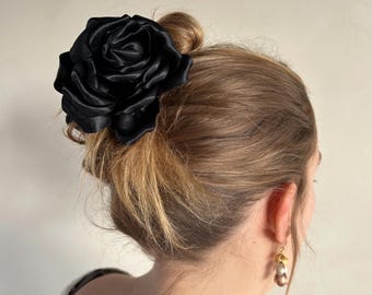 Black Satin Flower Hair Claw Clip | Floral Claw Clip Aesthetic | Romantic Hair Accessory | Bridal Hair Clip