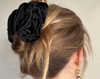 Black Satin Flower Hair Claw Clip | Floral Claw Clip Aesthetic | Romantic Hair Accessory | Bridal Hair Clip
