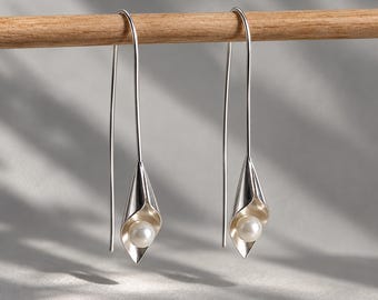 Pearl Dangle Earrings , Sterling Silver, Minimalist Earrings , Dainty Jewelry, Mom Gifts , Gifts For Girlfriend , Statement Earrings