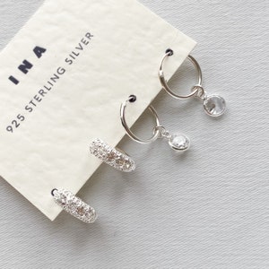 Silver Hoop Earring Set , Sterling Silver Huggies, Sterling Silver Dangle Earrings , Silver Charm Hoops , Moon Earrings  Celestial Earrings