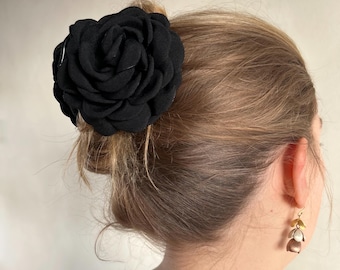 Black Fabric Flower Hair Claw Clip | Floral Claw Clip Aesthetic | Romantic Hair Accessory | Bridal Hair Clip