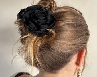 Black Satin Flower Hair Claw Clip | Floral Claw Clip Aesthetic | Romantic Hair Accessory | Bridal Hair Clip