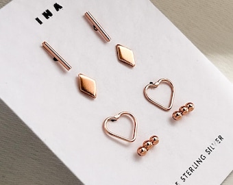 Rose Gold Tiny Stud Set , Rose Gold Earrings, Celestial Earrings Set , Rose Gold Studs , Stud Earrings ,925 Earring Set , Tiny Stud Earrings