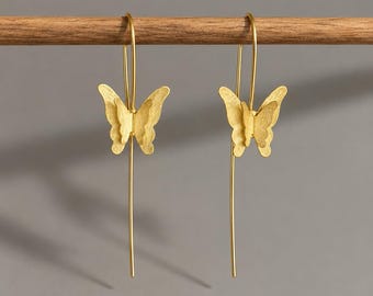 14k Gold Butterfly Earrings, Gold Butterfly Dangle Earrings, Long Gold Drop Earrings, Dainty Nature Jewellery, Gold Statement Earrings
