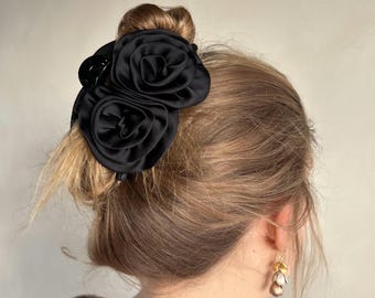Black Satin Flower Hair Claw Clip | Floral Claw Clip Aesthetic | Romantic Hair Accessory | Bridal Hair Clip