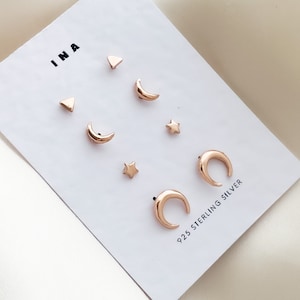 Rose Gold Tiny Stud Set , Rose Gold Earrings, Celestial Earrings Set , Rose Gold Studs , Stud Earrings ,925 Earring Set , Tiny Stud Earrings