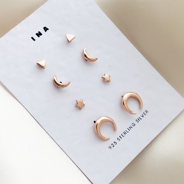 Rose Gold kleine Ohrstecker, Rose Gold Ohrringe, Celestial Ohrringe Set, Rose Gold Ohrstecker, Ohrstecker, 925 Ohrring Set, kleine Ohrstecker