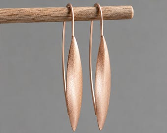 14k Rose Gold Drop Earrings, Rose Gold Dangle Earrings, Long Rose Gold Earrings, Textured Rose Gold Earrings, Minimalist Jewellery