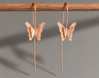 14k Rose Gold Butterfly Earrings, Rose Gold Dangle Earrings, Long Rose Gold Drop Earrings, Dainty Nature Jewellery, Butterfly Jewellery