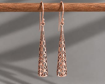 14k Rose Gold Filigree Earrings, Long Rose Gold Dangle Earrings, Ornate Rose Gold Drop Earrings, Filigree Statement Jewellery, Boho Earrings