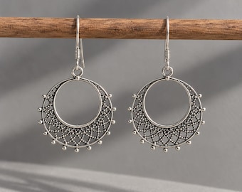 925 Silver Filigree Earrings, Silver Mandala Dangle Earrings, Boho Silver Drop Earrings, Ornate Statement Jewellery, Vintage Earrings