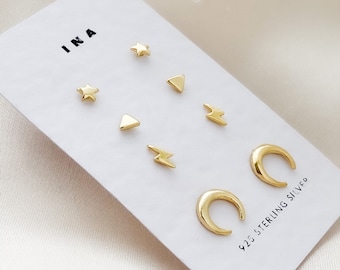 14k Tiny Gold Stud Set , Celestial Earrings Set , Sterling Silver Studs , Stud Earrings , 925 Stud Earring Set , Tiny Gold Stud Earrings