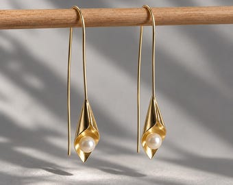14k Gold Plated Earrings  , Gold Dangle Pearl Earrings , Gold Flower Earrings , Brushed Earrings Gold Jewellery, Gifts For Her , Minimalist