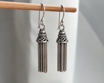 Silver Tassel Earrings, Long Silver Dangle Earrings, Boho Fringe Earrings, Vintage Statement Jewelry, Silver Drop Earrings, Gift for Her