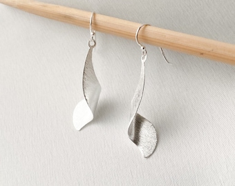 Silver Leaf Earrings , Sterling Silver Dangle Earrings , Brushed Silver Earrings Silver Jewellery, Gifts For Her , Minimalist Earrings