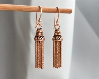 Rose Gold Tassel Earrings, Long Rose Gold Dangle Earrings, Boho Fringe Earrings, Rose Gold Drop Earrings, Vintage Statement Jewellery