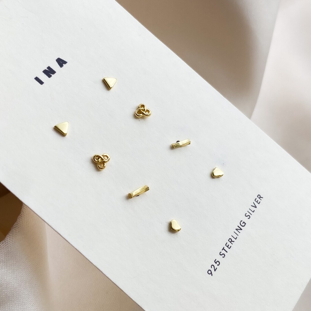14k Tiny Gold Stud Set , Celestial Earrings Set , Sterling Silver Studs