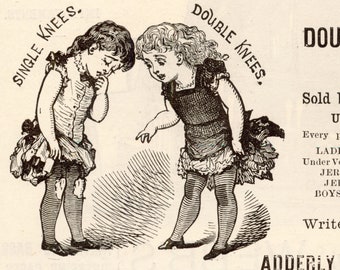 Zeldzame antieke advertentie voor kinderkousen - enkele knieën versus dubbele knieën - uit 1885 - DIGITALE DOWNLOAD