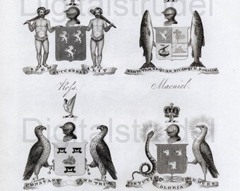 Antique Scottish Armorial Bearings. 1860 Print - Rofs - Macniel - Rose - Robertson - Macnab - Maclean - DIGITAL DOWNLOAD