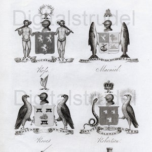 Antique Scottish Armorial Bearings. 1860 Print - Rofs - Macniel - Rose - Robertson - Macnab - Maclean - DIGITAL DOWNLOAD
