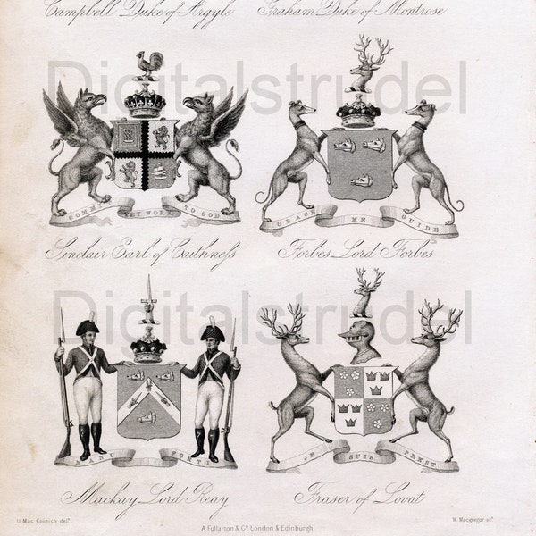 Antique Scottish Armorial Bearings. 1860 Print - Campbell - Graham - Sinclair - Forbes - Mackay - Fraser of Lovat - DIGITAL DOWNLOAD