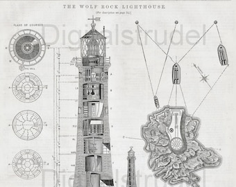 1872 Antique Print of the Wolf Rock Lighthouse - Cornwall, England - DIGITAL DOWNLOAD