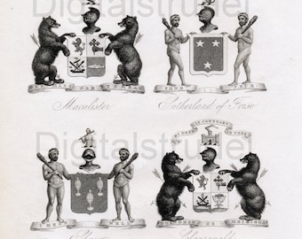 Antique Scottish Armorial Bearings. 1860 Print - Macalister - Sutherland of Forse - Shaw - Clanranald - Mackinnon - Skene - DIGITAL DOWNLOAD