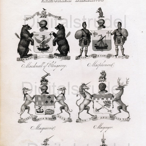 Antique Scottish Armorial Bearings. 1860 Print - Macdonnell - Mcpherson - Macquarrie - Macgregor - Stuart - Lamont - DIGITAL DOWNLOAD