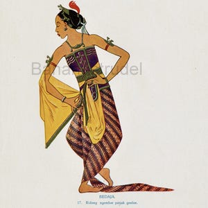May include: An illustration of a dancer in traditional Indonesian clothing. The dancer is wearing a purple and gold top, striped trousers, and a yellow shawl. The image includes the text "BEDAJA" and other text in Dutch and English.