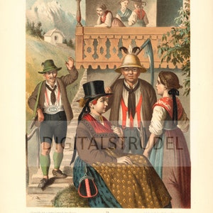 1870s Large Antique Print of Historical Fashion / Lederhosen / Austrian Traditional Costume – Pinzgau - Salzburg – No. 74 - DIGITAL DOWNLOAD