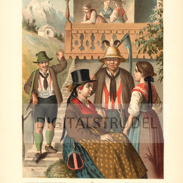 1870s Large Antique Print of Historical Fashion / Lederhosen / Austrian Traditional Costume – Pinzgau - Salzburg – No. 74 - DIGITAL DOWNLOAD