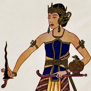 May include: Illustration of a figure in traditional Indonesian attire, holding a curved dagger and a sword. The figure wears a blue and gold bodice, a crown, and ornate jewellery. The artwork has a vintage aesthetic.