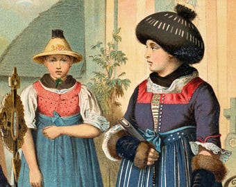 Alpine Traditional Costumes –  Tyrol - Passeyer - 1870s Large Antique Print of Historical Fashion - No. 83 - DIGITAL DOWNLOAD