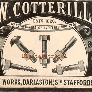 以下が含まれることがあります： FW Cotterill Ltd.のボルトとナットの製造業者を宣伝する白黒の広告。広告には、さまざまなボルトとナットのイラストが描かれており、会社の名称と住所が下に記載されています。テキストには、「FW Cotterill Ltd.、Est'd 1820。あらゆる種類のボルトとナットの製造業者。Atlas Works、Darlaston、サウススタッフォードシャー。」と記載されています。