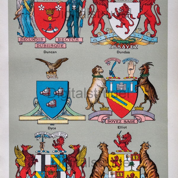 Antique Scottish Coats of Arms. 1906 Print - Duncan - Dundas - Dyce - Elliot - Erskine - Farquharson - DIGITAL DOWNLOAD