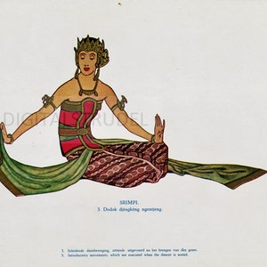 May include: A woman in a traditional Indonesian dance costume sits with her legs crossed, holding a green and gold fabric. She is wearing a red and gold bodice, a patterned skirt, and a gold crown. The text "SRIMPI. 3. Dodak djèngkeng ngentjeng." is below the image.