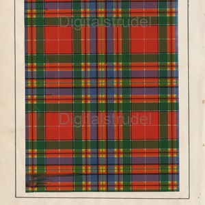 Può includere: Un'illustrazione vintage di un motivo tartan in rosso, verde, giallo, blu e viola. Il testo "Macpherson" è stampato sotto il motivo. Il testo "A. Fullarton & Co. London & Edinburgh" è stampato sotto il testo "Macpherson".