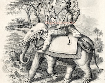 May include: A black and white engraving of Indra, the Hindu god of light, riding an elephant. The image is from the Vaidie Period and includes the text "Indra. The Hindu God of light. Vaidie Period. Indra. Dum Golcuni yr Hinahala. Z Cyfnod Vaidig"