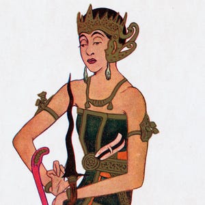 May include: Illustration of a figure in traditional attire, featuring a dark green bodice with gold accents and a decorative headpiece. The figure holds a curved red object and a black dagger. The artwork has a vintage aesthetic.